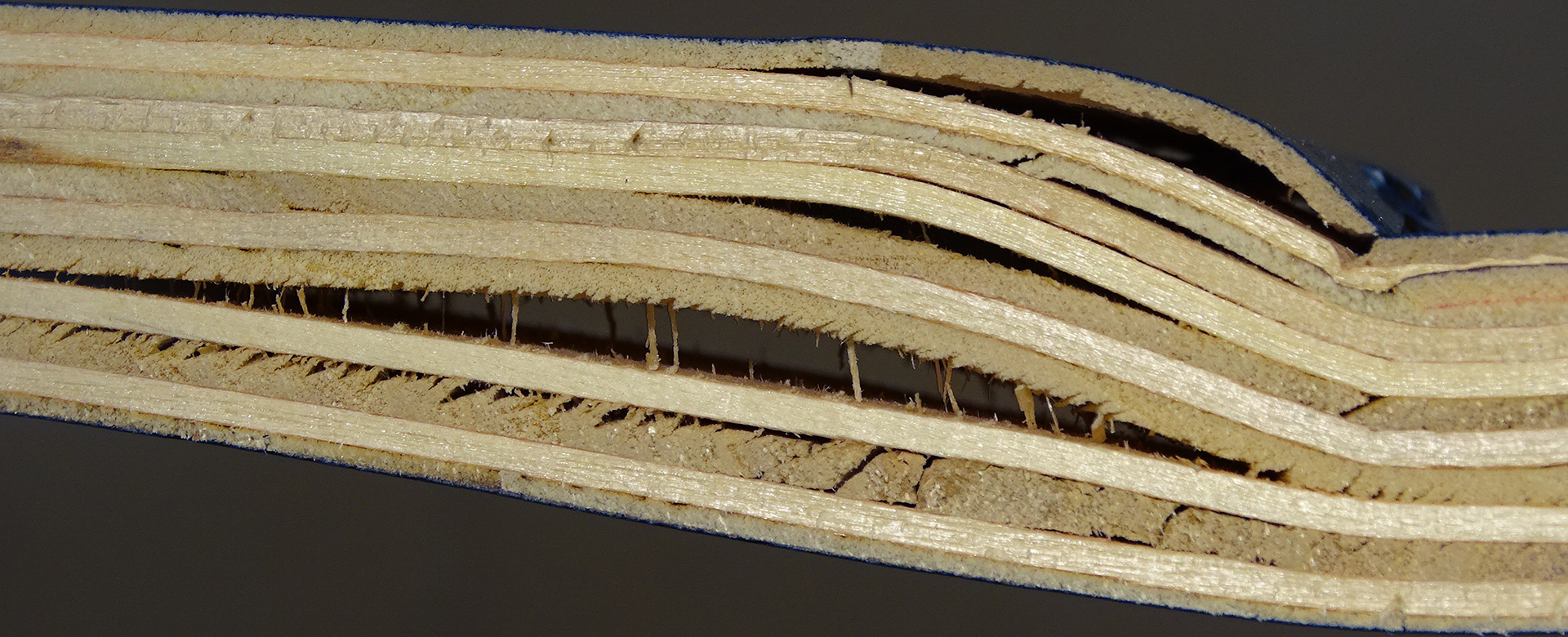 Destroyed wood-based material in which the individual layers have become detached in the course of a destructive test.